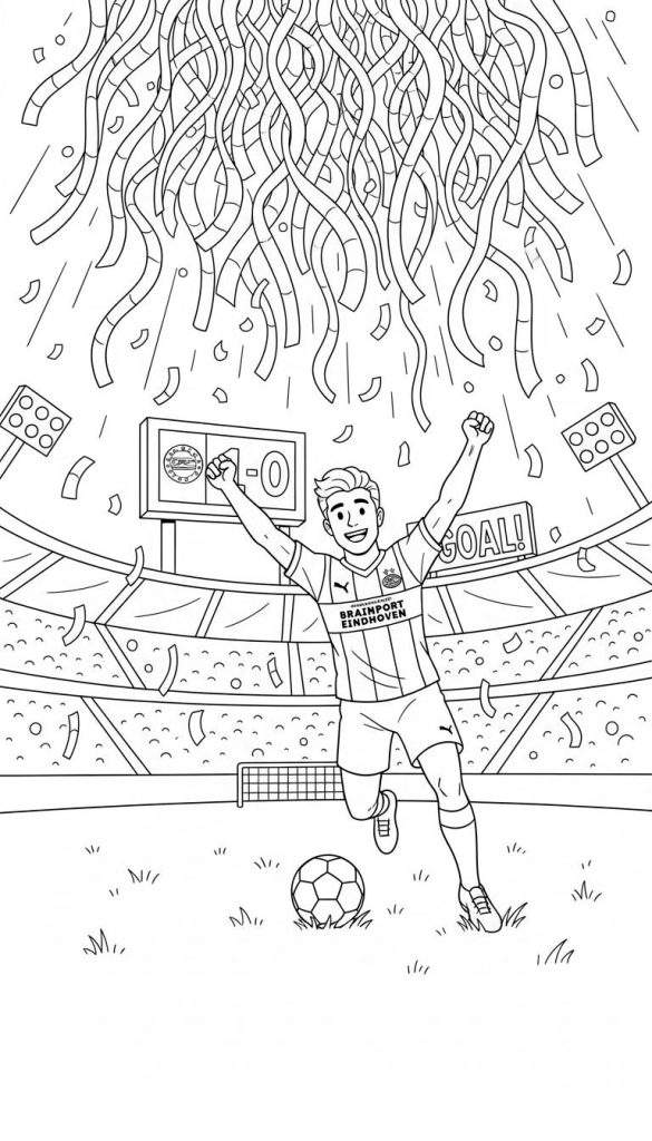 Kleurplaat van een lachende PSV-voetballer die een doelpunt viert in een stadion, met 'BRAINPORT EINDHOVEN' op zijn shirt, confetti en een 1-0 scorebord.