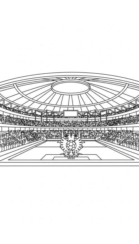 Zwart-wit lijntekening van een Vitesse stadion met juichende fans en een tweekoppige adelaar embleem met voetbal op het veld.