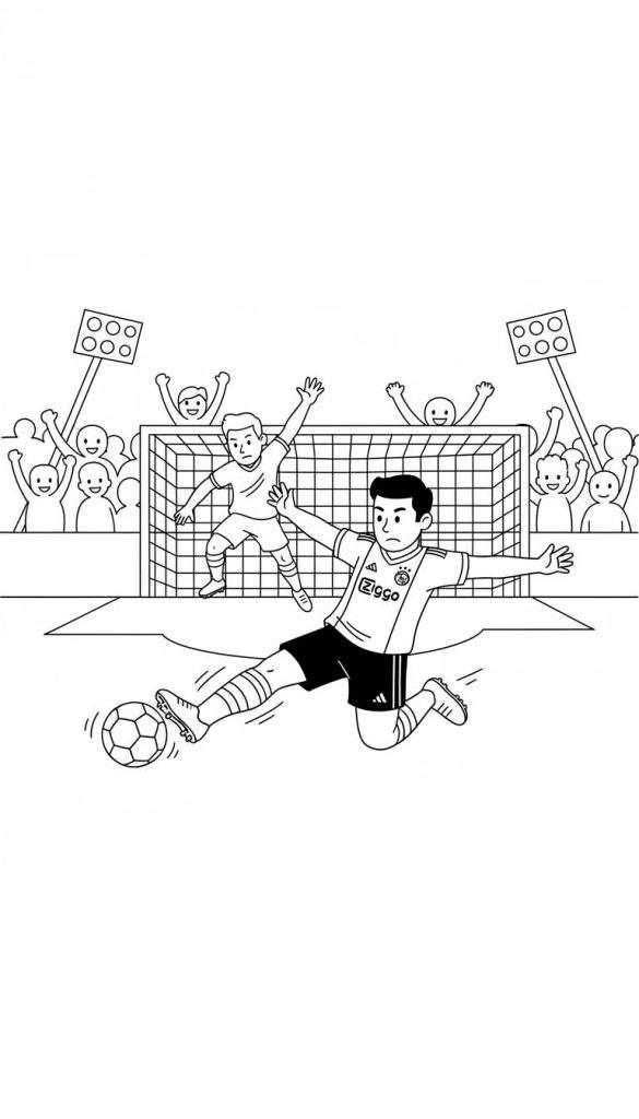 Zwart-wit kleurplaat van een Ajax-speler in een Ziggo-shirt die een sliding maakt om een voetbal te trappen richting een springende keeper. Op de achtergrond juicht het publiek bij het voetbaldoel.