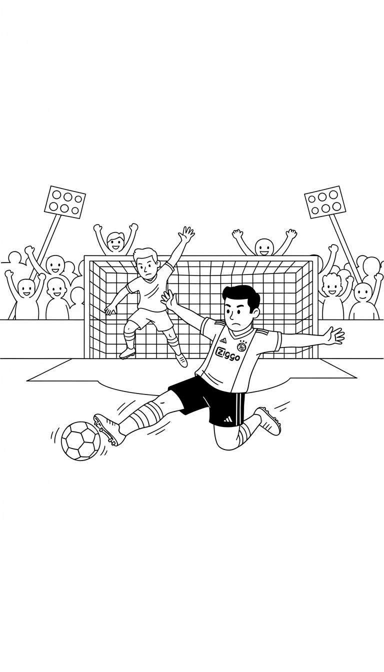 Zwart-wit kleurplaat van een Ajax-speler in een Ziggo-shirt die een sliding maakt om een voetbal te trappen richting een springende keeper. Op de achtergrond juicht het publiek bij het voetbaldoel.