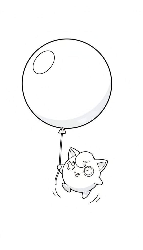 Zwart-wit lijntekening kleurplaat van Jigglypuff die aan een ballon hangt en zweeft. Jigglypuff heeft grote ronde ogen, een lachende mond en de kenmerkende krul op zijn hoofd. Bewegingslijnen suggereren zweven en vrolijkheid.