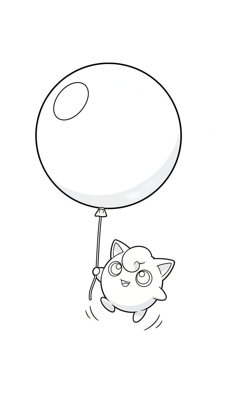 Zwart-wit lijntekening kleurplaat van Jigglypuff die aan een ballon hangt en zweeft. Jigglypuff heeft grote ronde ogen, een lachende mond en de kenmerkende krul op zijn hoofd. Bewegingslijnen suggereren zweven en vrolijkheid.