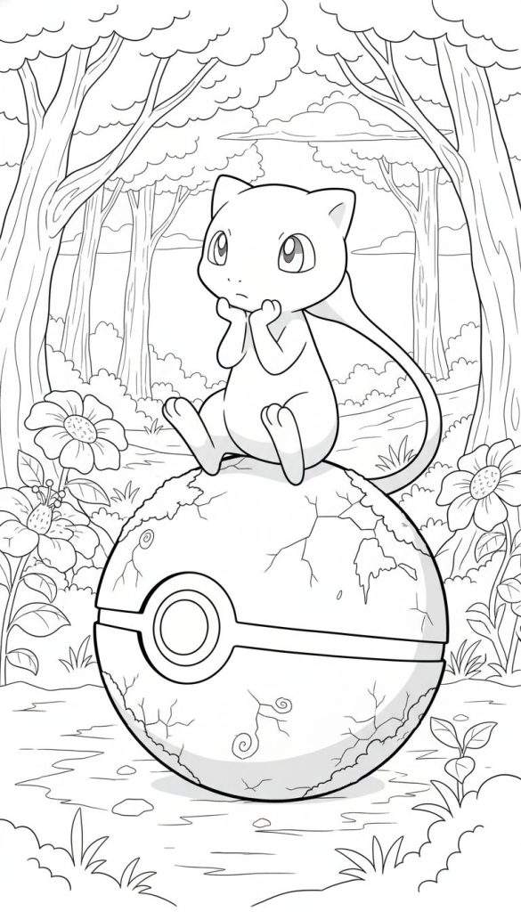 Zwart-wit kleurplaat van Pokémon Mew, zittend op een grote, gebarsten Pokébal in een bosrijke omgeving. Mew heeft een katachtige uitstraling met grote ogen en krult zijn staart omhoog, terwijl hij zijn kin op zijn handen laat rusten. De achtergrond toont hoge bomen met volle bladerkronen en wolken. Op de voorgrond zijn plantjes, grassprieten en modderige plekken te zien.