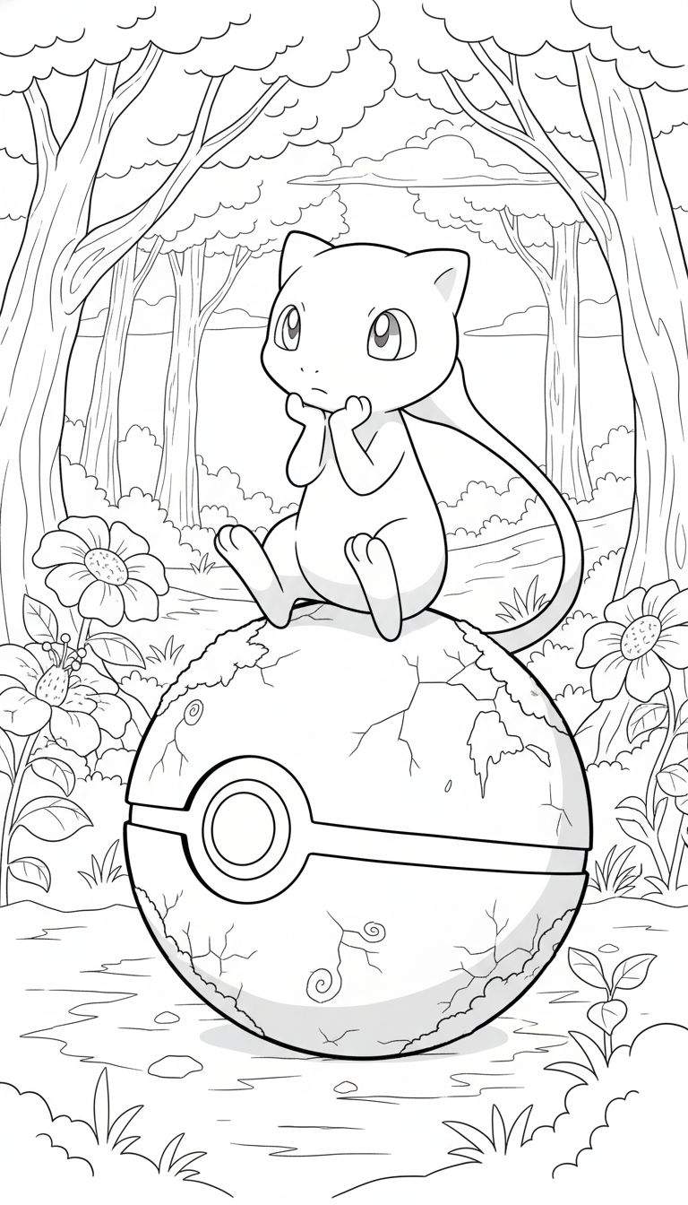 Zwart-wit kleurplaat van Pokémon Mew, zittend op een grote, gebarsten Pokébal in een bosrijke omgeving. Mew heeft een katachtige uitstraling met grote ogen en krult zijn staart omhoog, terwijl hij zijn kin op zijn handen laat rusten. De achtergrond toont hoge bomen met volle bladerkronen en wolken. Op de voorgrond zijn plantjes, grassprieten en modderige plekken te zien.