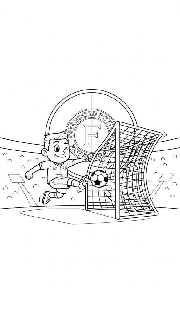 Zwart-wit lijntekening kleurplaat van een juichende Feyenoord voetballer in voetbaltenue met ster en logo, armen omhoog, breed lachend, met een zwevende voetbal, doel en stadiontribunes op de achtergrond, en wolken.