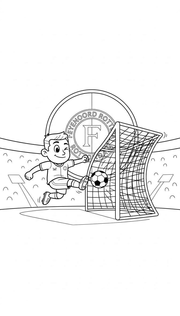 Zwart-wit lijntekening kleurplaat van een juichende Feyenoord voetballer in voetbaltenue met ster en logo, armen omhoog, breed lachend, met een zwevende voetbal, doel en stadiontribunes op de achtergrond, en wolken.