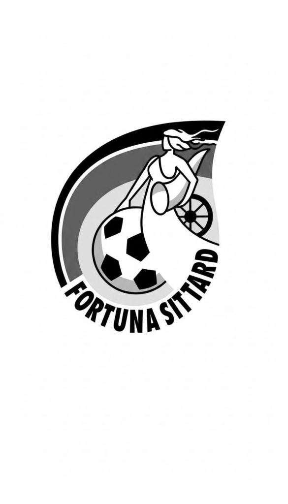 Fortuna Sittard logo kleurplaat met rennende vrouw die een voetbal schopt, wapperend haar, en een wiel, omringd door dynamische vormen. Tekst: Fortuna Sittard.