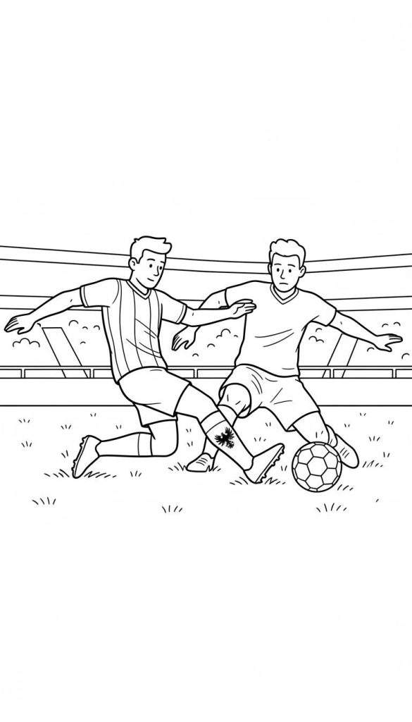 Twee mannelijke voetballers in actie op een voetbalveld. Eén speler (links, gestreept shirt) zet een tackle in, de andere (rechts, effen shirt) dribbelt met de bal en heeft een adelaarssymbool op zijn scheenbeschermer. Stadion tribunes in de achtergrond.