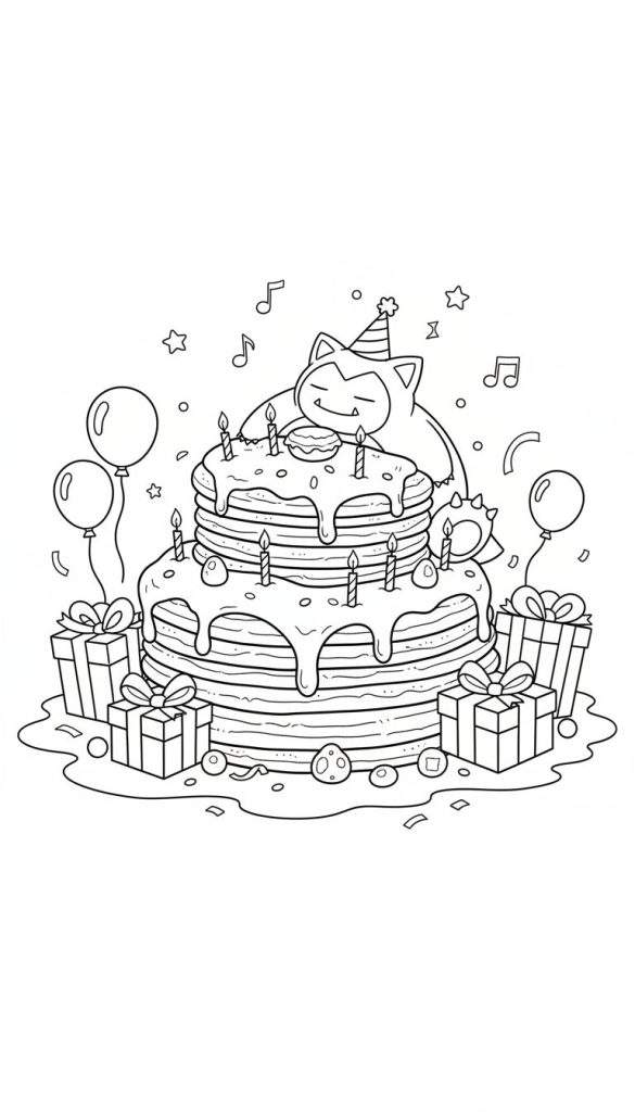 Zwart-wit kleurplaat van een slapende Snorlax met feesthoedje bovenop een grote verjaardagstaart vol brandende kaarsjes, omringd door cadeautjes en zwevende ballonnen.
