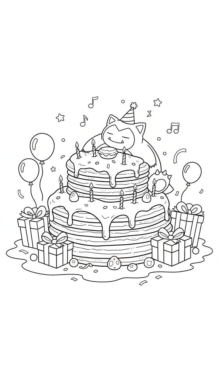 Zwart-wit kleurplaat van een slapende Snorlax met feesthoedje bovenop een grote verjaardagstaart vol brandende kaarsjes, omringd door cadeautjes en zwevende ballonnen.