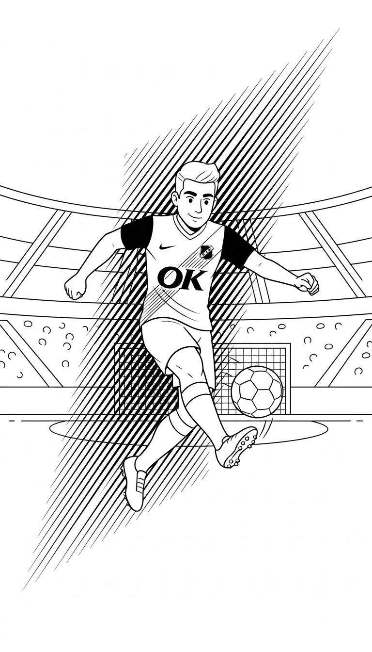 Zwart-wit kleurplaat van een NAC Breda voetballer in actie, schietend met zijn rechtervoet in een stadion.