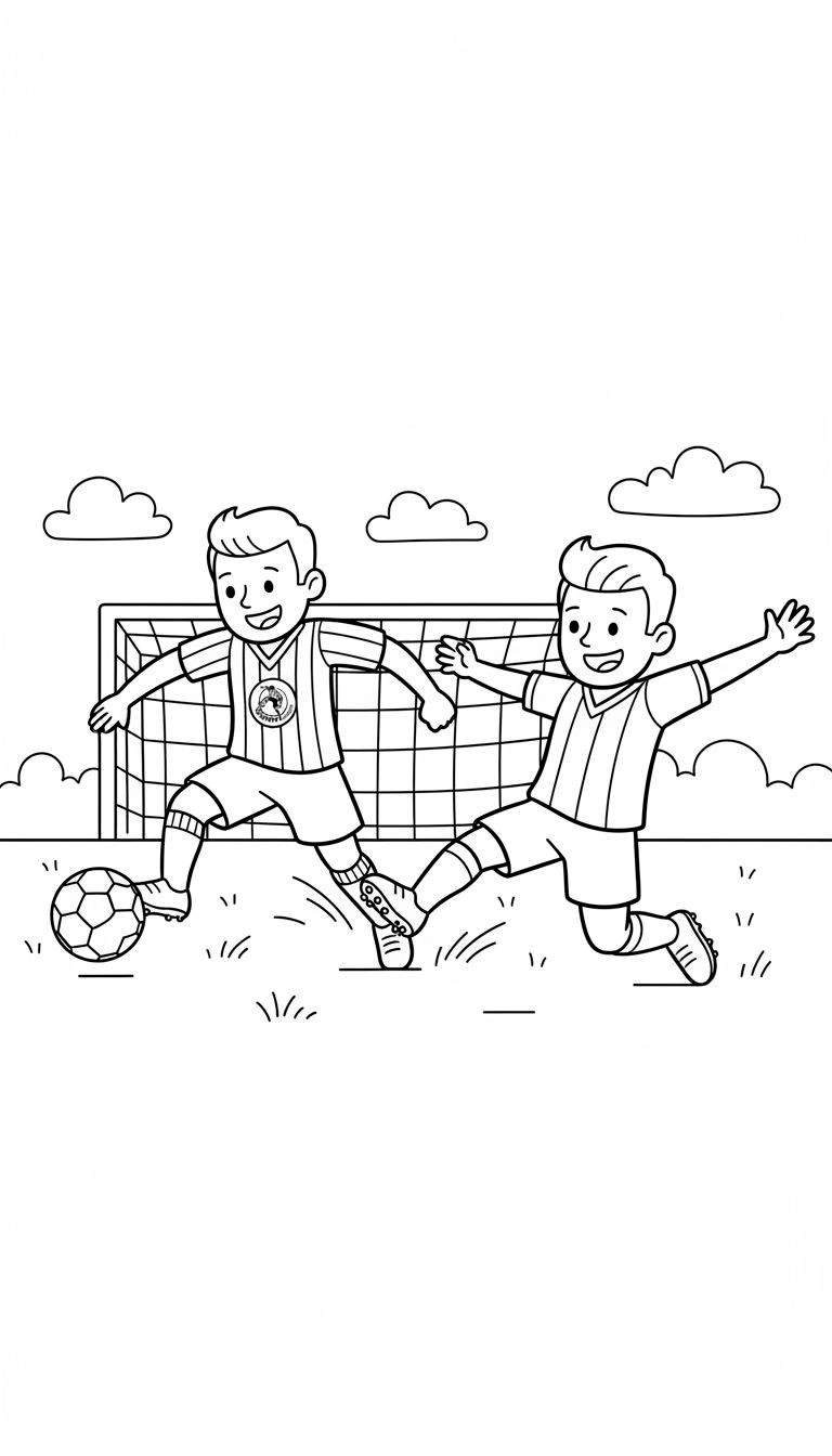 Kleurplaat van twee voetballende jongens, dribbelend en tackelend, met gestreepte shirts, voetbaldoel, gras en wolken. Sparta Rotterdam thema.