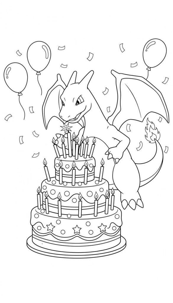 Zwart-wit kleurplaat van Charizard die een verjaardagstaart met brandende kaarsjes aansteekt, omringd door ballonnen en confetti.
