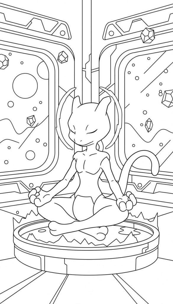 Zwart-wit lijntekening van Mewtwo in meditatieve lotuspositie op een rond platform in een futuristische ruimte met zwevende objecten, ideaal als kleurplaat.