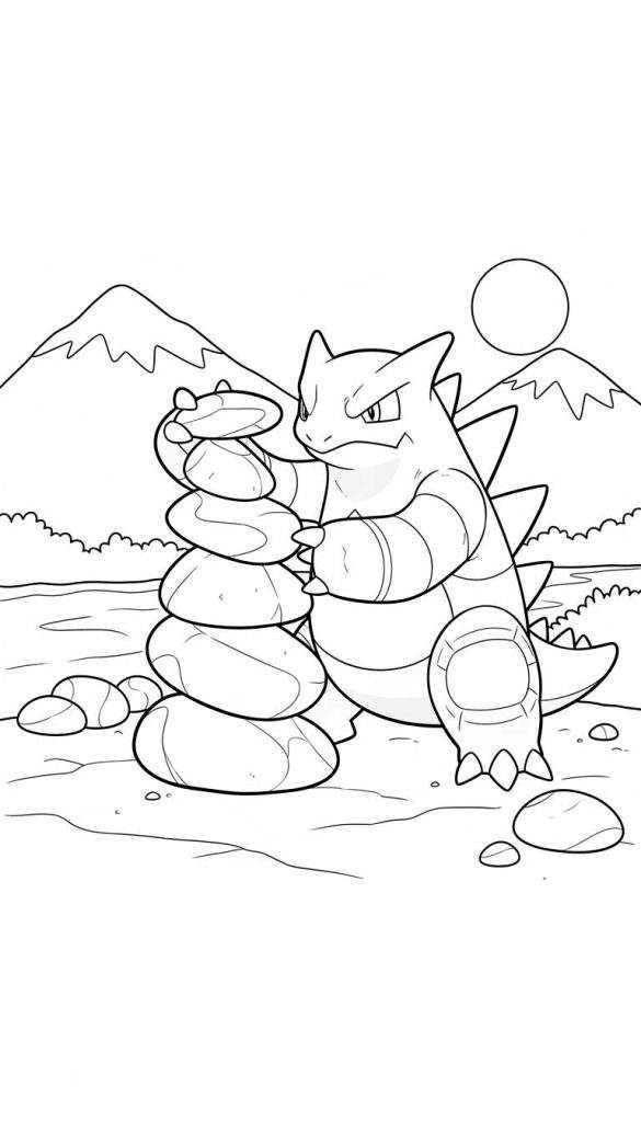 Zwart-wit kleurplaat van Pokémon Rhydon die geconcentreerd een toren van zeven stenen stapelt in een bergachtig landschap met een grote cirkel in de lucht.