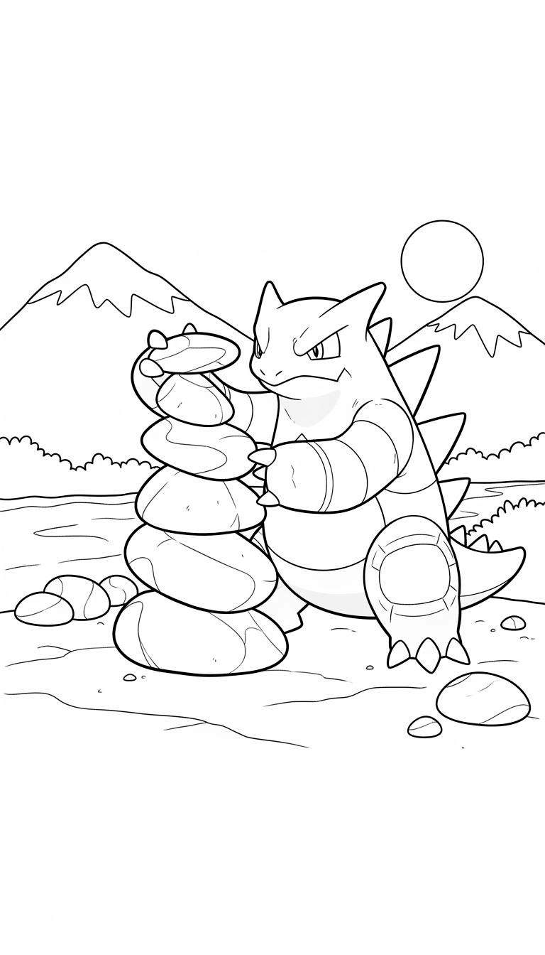 Zwart-wit kleurplaat van Pokémon Rhydon die geconcentreerd een toren van zeven stenen stapelt in een bergachtig landschap met een grote cirkel in de lucht.