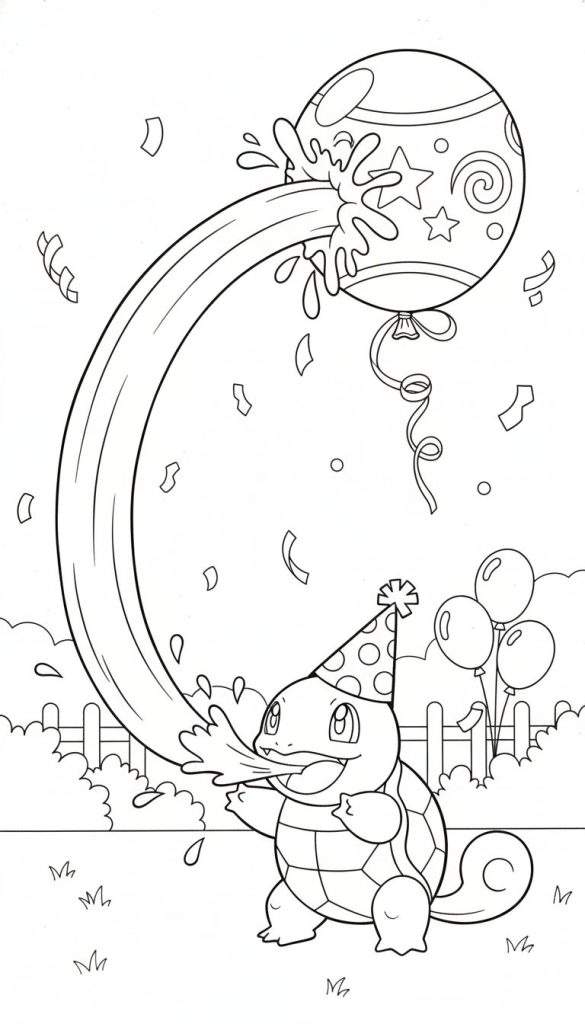 Zwart-wit kleurplaat van Squirtle met feestmuts die een waterstraal spuit naar een zwevende ballon, met confetti, struiken, houten hek, extra ballonnen en gras op de achtergrond.