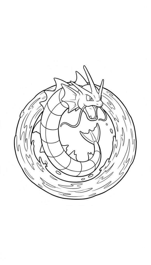 Zwart-witte lijntekening van de Pokémon Gyarados, opgerold in een cirkel te midden van dynamisch kolkend water, met open mond en tanden.