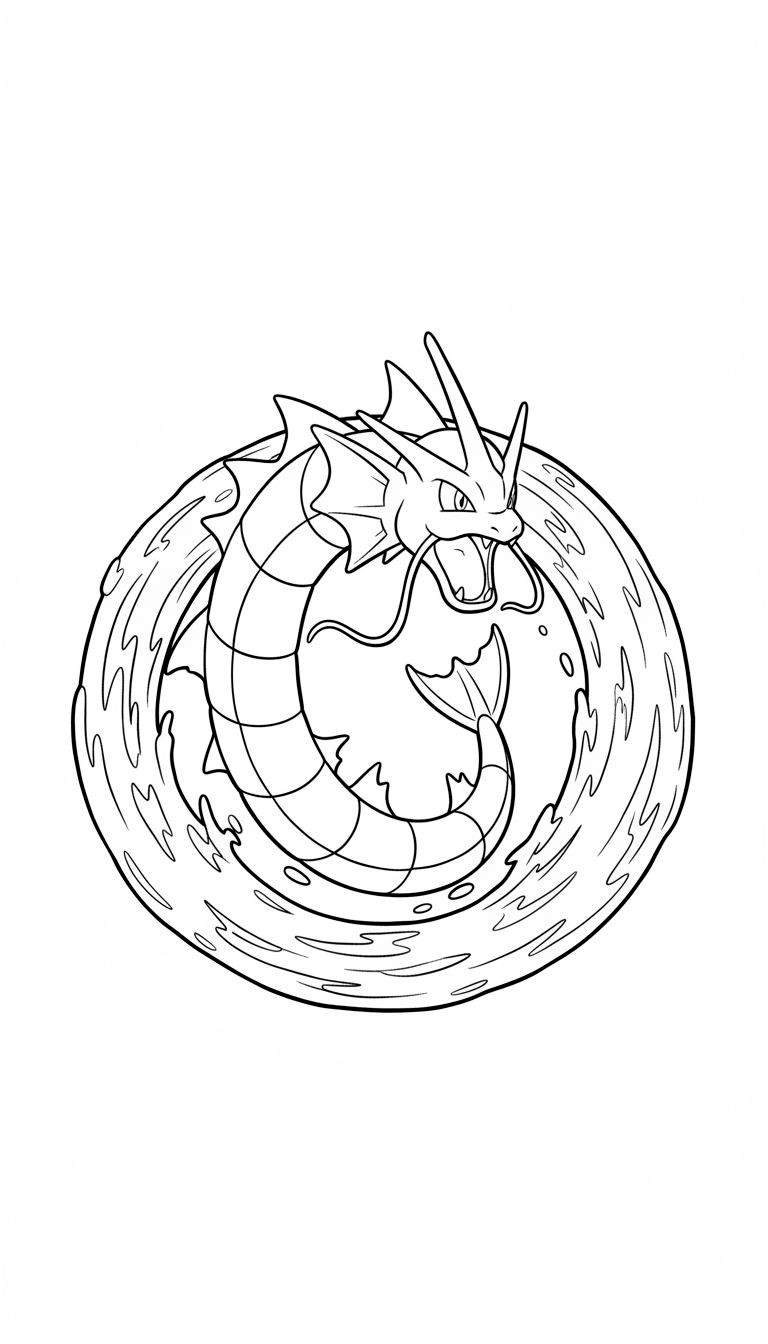 Zwart-witte lijntekening van de Pokémon Gyarados, opgerold in een cirkel te midden van dynamisch kolkend water, met open mond en tanden.