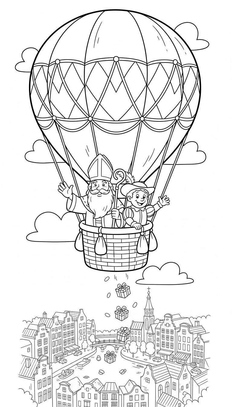 Kleurplaat van Sinterklaas en Piet in een heteluchtballon die cadeautjes droppen boven een Nederlandse grachtenstad met kenmerkende architectuur, grachten en een kerk.