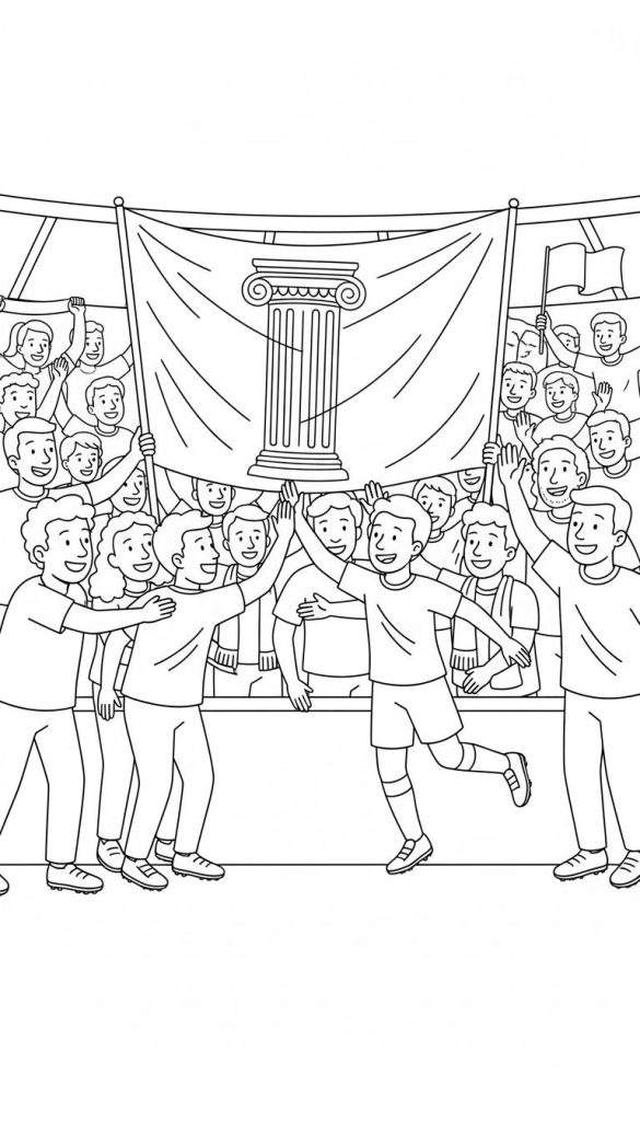 Kleurplaat van Fortuna Sittard overwinning viering: juichende speler geeft high five aan fan, grote menigte met spandoek van Ionische zuil en vlaggen.