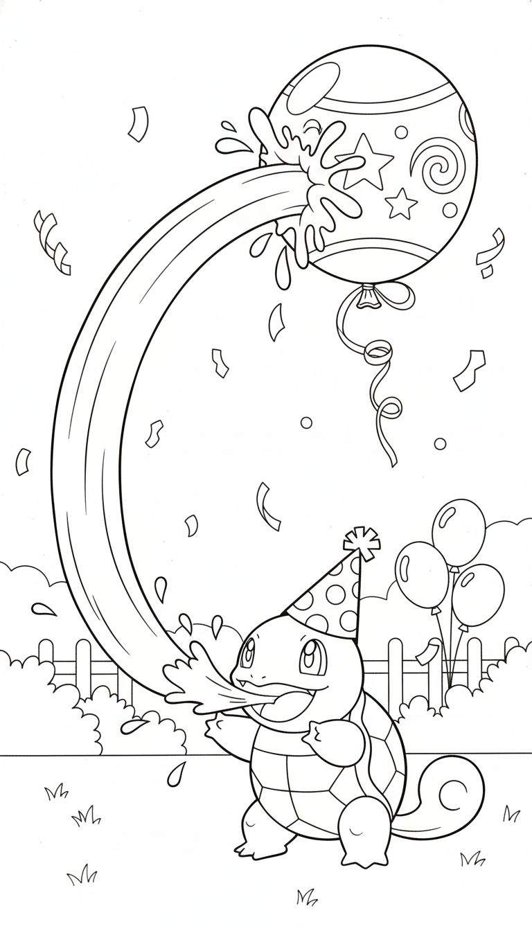 Zwart-wit kleurplaat van Squirtle met feestmuts die een waterstraal spuit naar een zwevende ballon, met confetti, struiken, houten hek, extra ballonnen en gras op de achtergrond.