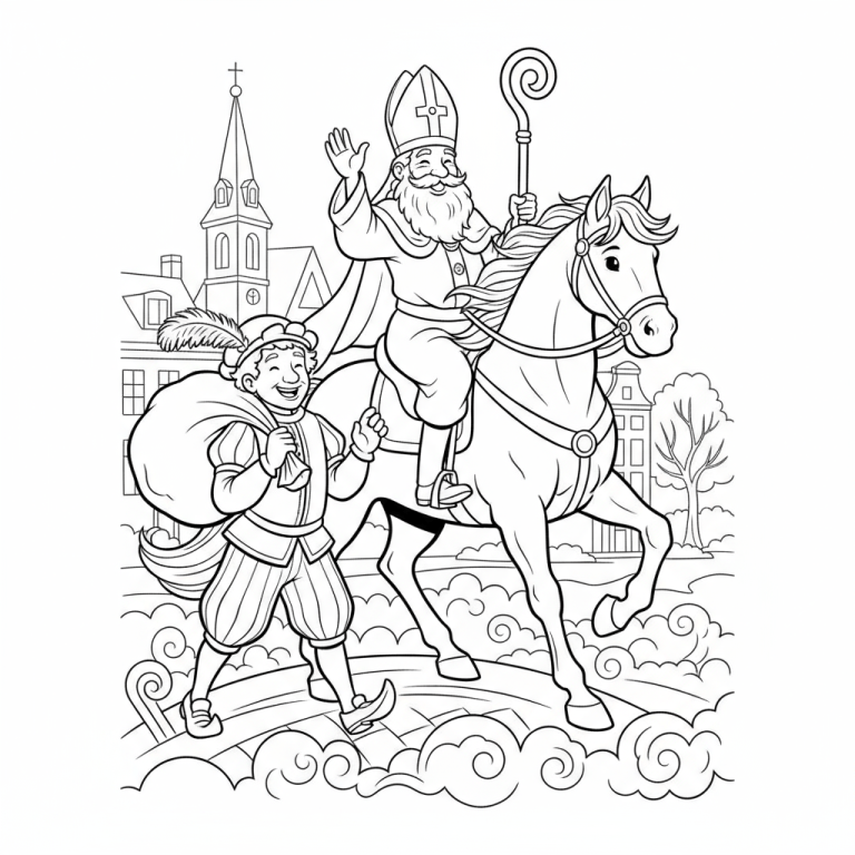 Zwart-wit lijntekening van Sinterklaas op zijn paard, met Zwarte Piet ernaast. Sinterklaas zwaait met zijn staf, Zwarte Piet draagt een zak met cadeautjes.