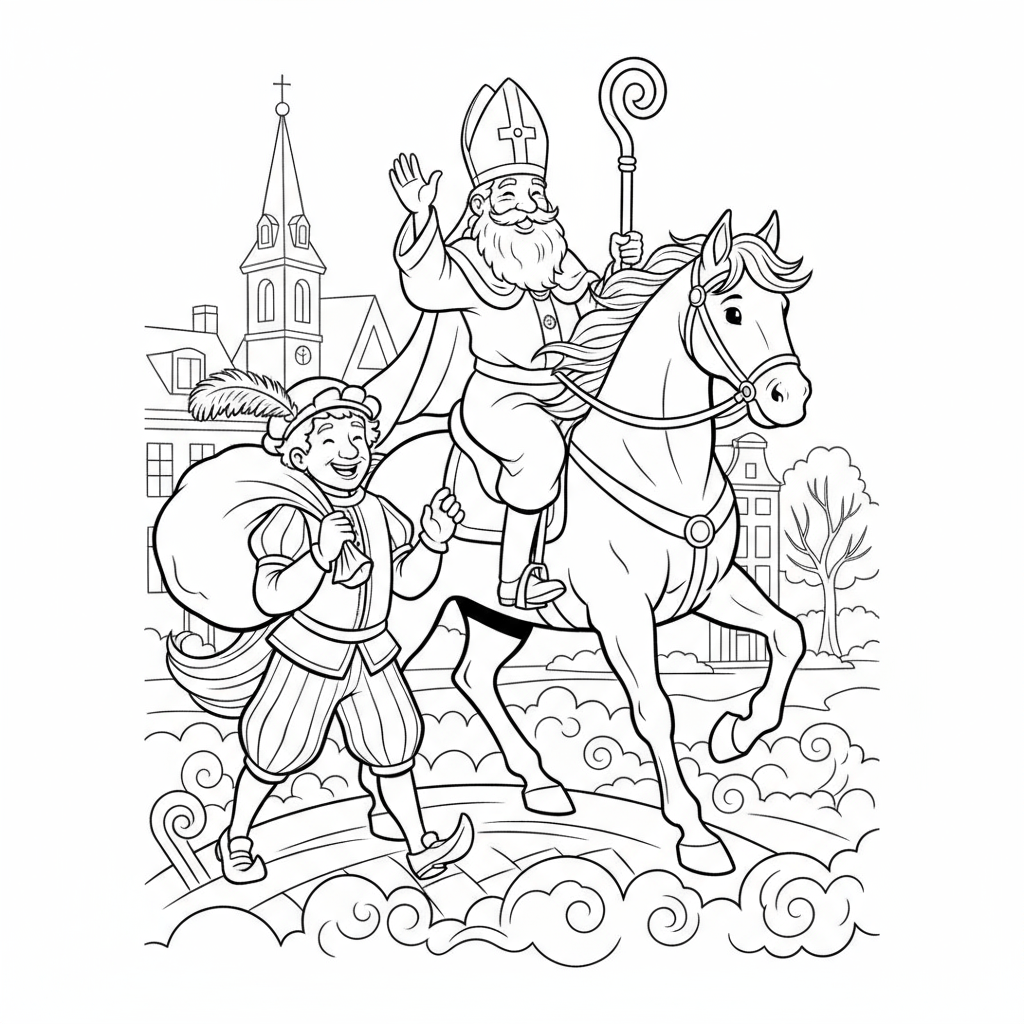 Zwart-wit lijntekening van Sinterklaas op zijn paard, met Zwarte Piet ernaast. Sinterklaas zwaait met zijn staf, Zwarte Piet draagt een zak met cadeautjes.