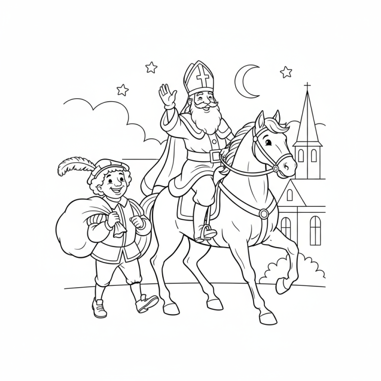 Kleurplaat van Sinterklaas op zijn schimmel, zwaaiend, met een lachende Zwarte Piet naast zich met een cadeautjes zak. Een kerk en nachtelijke hemel op de achtergrond.