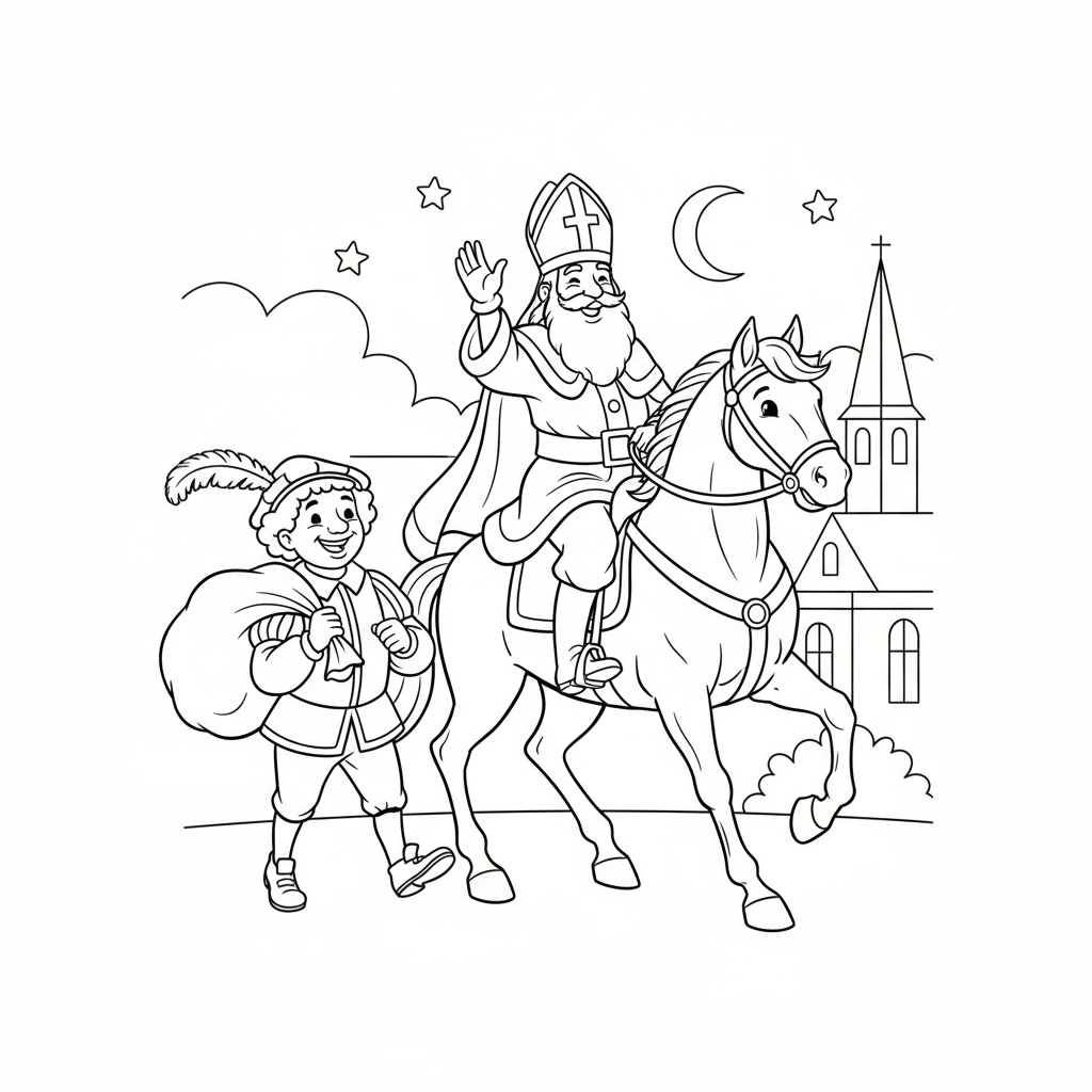 Kleurplaat van Sinterklaas op zijn schimmel, zwaaiend, met een lachende Zwarte Piet naast zich met een cadeautjes zak. Een kerk en nachtelijke hemel op de achtergrond.