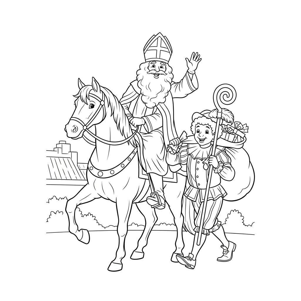 Zwart-wit kleurplaat van Sinterklaas zittend op een paard, zwaaiend met zijn hand. Naast het paard loopt een vrolijke Zwarte Piet met een zak cadeautjes op zijn rug.