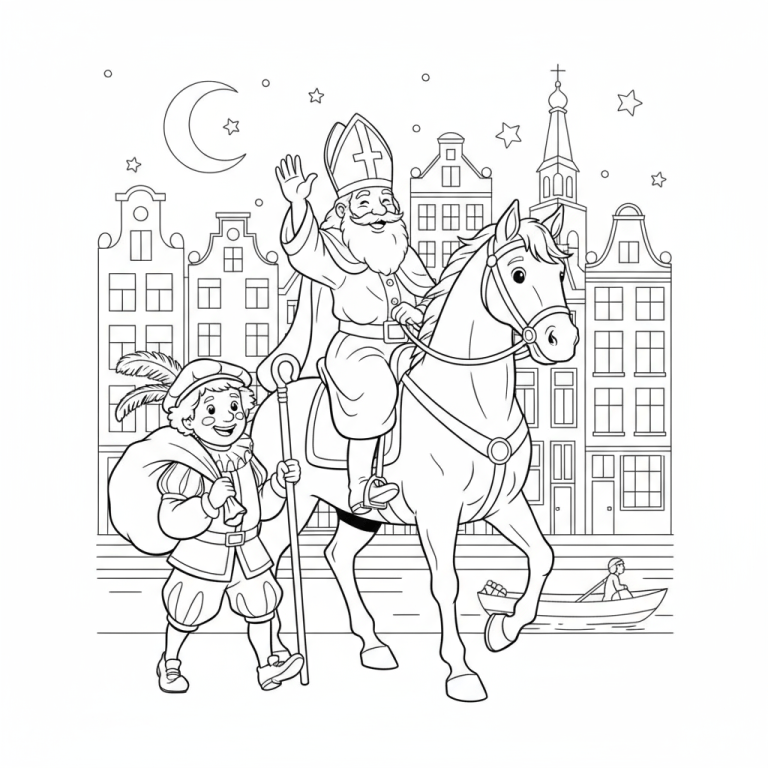 Kleurplaat van Sinterklaas zwaaiend vanaf zijn paard, met Zwarte Piet ernaast, voor Hollandse grachtenpanden bij nacht.