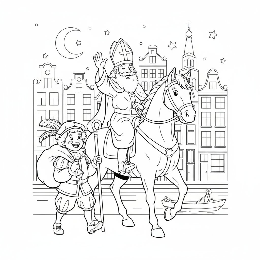 Kleurplaat van Sinterklaas zwaaiend vanaf zijn paard, met Zwarte Piet ernaast, voor Hollandse grachtenpanden bij nacht.