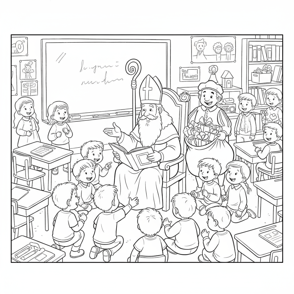 Kleurplaat van Sinterklaas die voorleest aan blije kinderen in een klaslokaal, met Zwarte Piet die cadeautjes vasthoudt.
