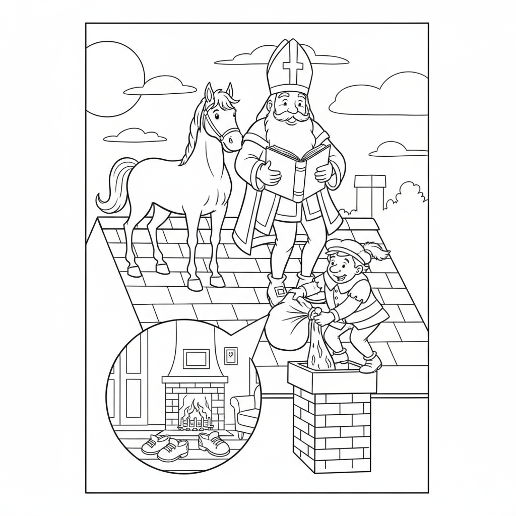 Kleurplaat van Sinterklaas op dak met Piet die cadeaus in schoorsteen doet, en schoenen bij brandende open haard.