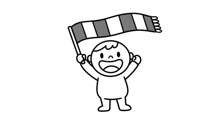 Zwart-wit kleurplaat van een juichend cartoonkindje met een wapperende Ajax-vlag in de hand.