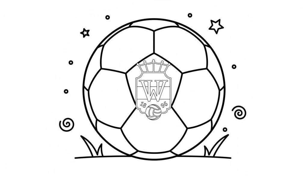 Zwart-wit kleurplaat van een klassieke voetbal met het Willem II embleem. Het embleem toont een schild met een kroon, de letter 'W', de cijfers '1896' en een kleinere, oudere voetbal. Decoratieve elementen zoals sterren, cirkels en spiralen omringen de bal, die op gras rust.