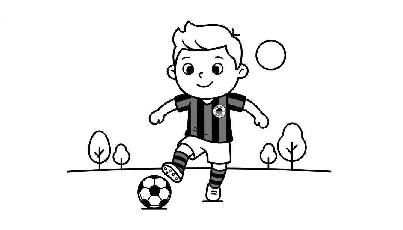 Zwart-wit kleurplaat van een vrolijke jongen in cartoonstijl die voetbalt op een grasveld, met een Excelsior-logo op zijn shirt en bomen op de achtergrond.