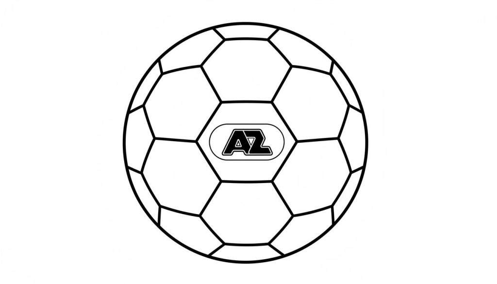 Zwart-wit kleurplaat van een voetbal met het AZ logo in een ovaal kader