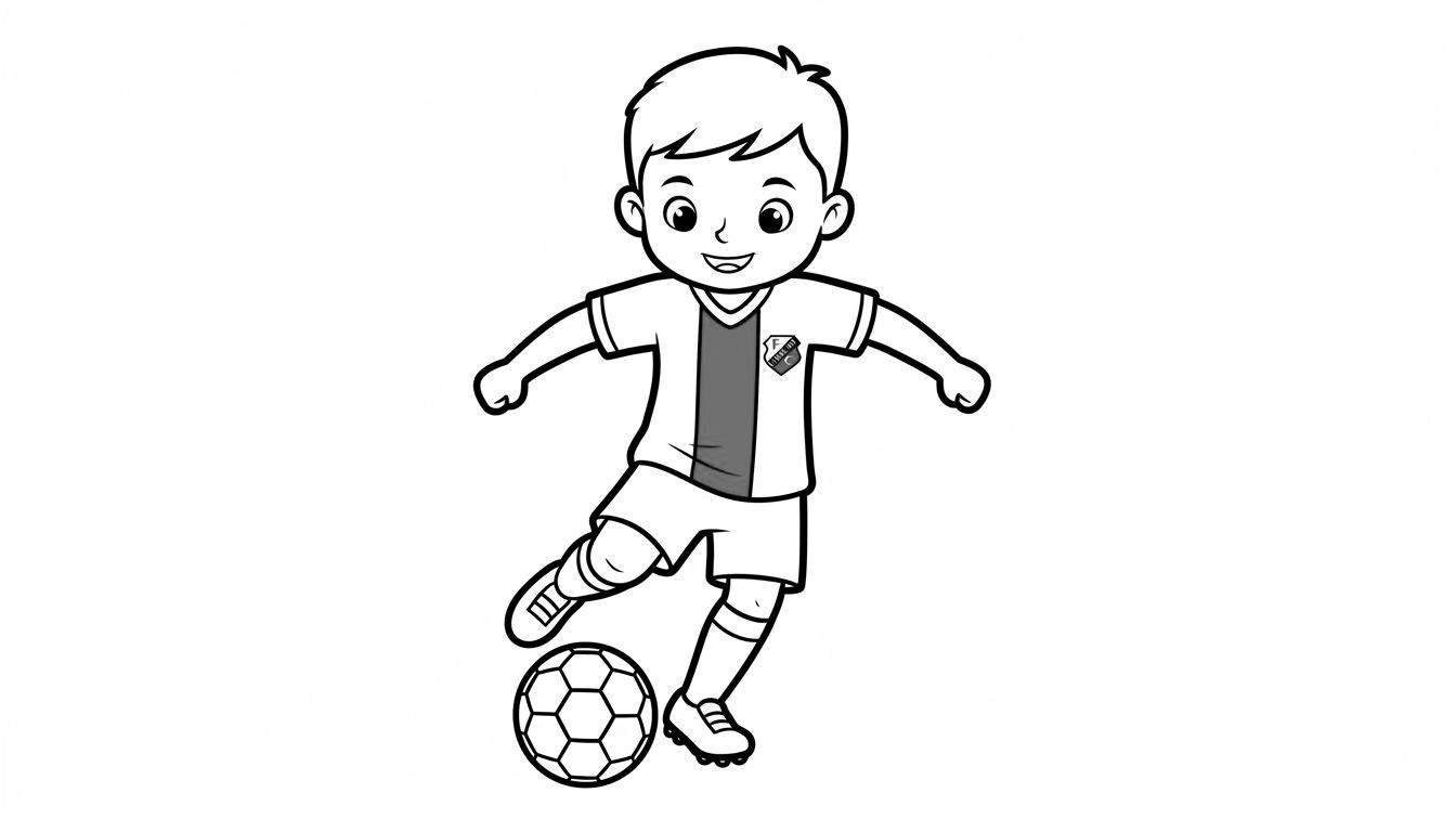 Zwart-witte lijntekening van een lachende jongen in FC Utrecht tenue die een voetbal schopt, met wijd gespreide armen en een blije uitdrukking.