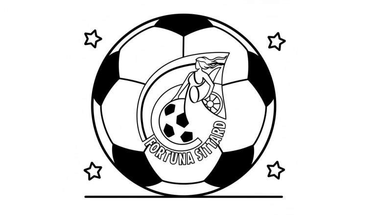 Zwart-wit kleurplaat van het officiële Fortuna Sittard clublogo. De afbeelding toont een voetbal met daarin het embleem: de godin Fortuna, de tekst 'FORTUNA SITTARD', een wiel en een kleine voetbal, omringd door vier sterren en rustend op een horizontale lijn.