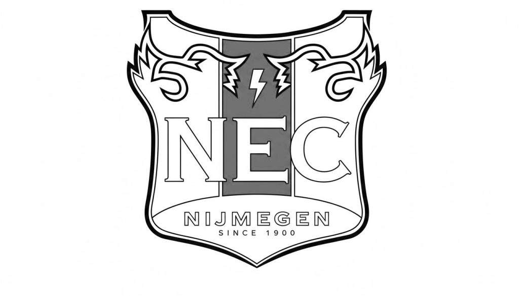 Zwart-wit kleurplaat van het NEC Nijmegen voetbalclub logo, een schild met de letters NEC, bliksemschichten en de teksten "Nijmegen" en "Since 1900".
