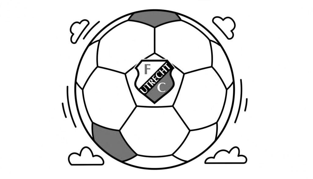 Zwart-wit kleurplaat van een voetbal met FC Utrecht logo in het midden, omgeven door strepen en wolken die beweging suggereren. Twee vlakken op de bal zijn grijs, evenals een deel van het schildlogo.