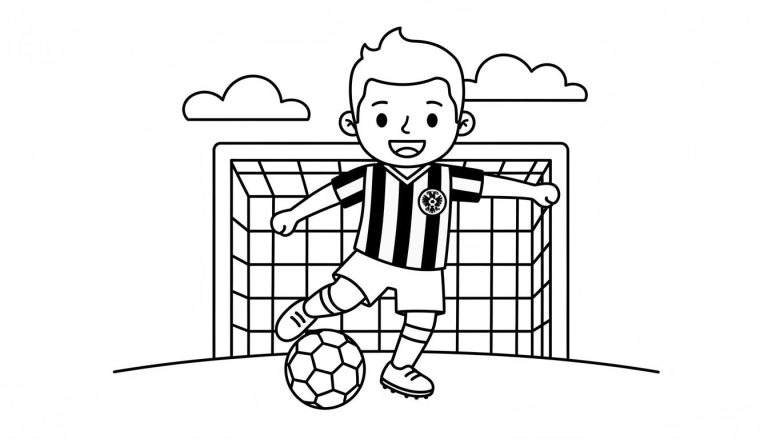 Zwart-wit lijntekening van een jongen in een gestreept Vitesse voetbaltenue met logo, die de bal aan zijn voeten heeft voor een voetbaldoel met net, onder twee wolken.