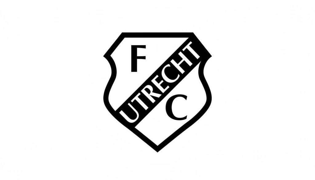 Zwart-wit kleurplaat van het FC Utrecht logo: een schild met 'F', 'C' en diagonaal 'UTRECHT'.