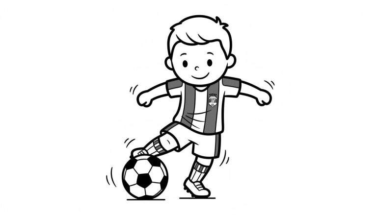 Zwart-wit kleurplaat van een lachende jonge voetballer in Willem II tenue die een klassieke voetbal met zijn rechtervoet controleert, met bewegingsstreepjes.