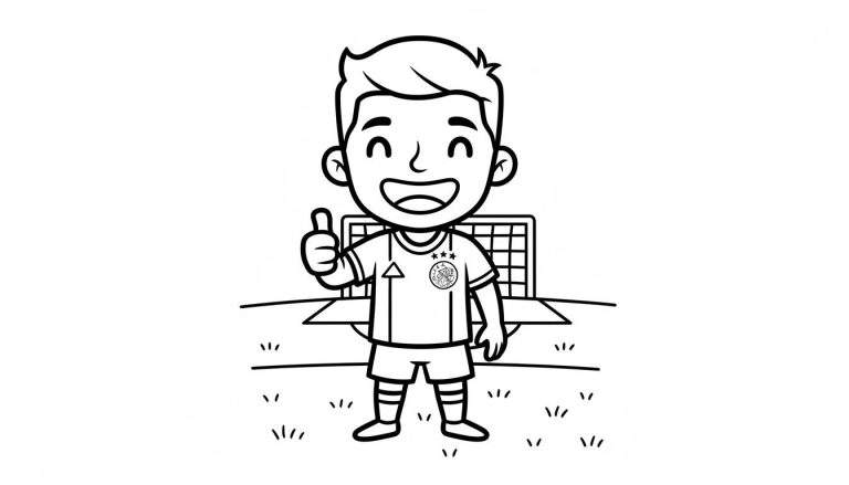 Zwart-wit kleurplaat van een lachende Ajax voetbaljongen in tenue met sterren, die een duim omhoog geeft voor een voetbaldoel op een grasveld.
