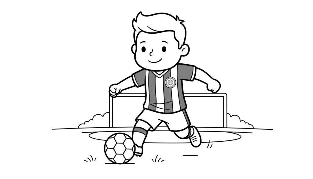 Zwart-wit kleurplaat van een vrolijke jongen in FC Groningen tenue die dribbelt met een voetbal op een veld, met een voetbaldoel op de achtergrond.