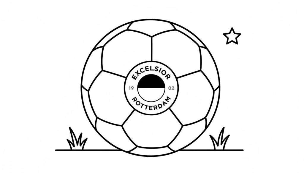Kleurplaat van een voetbal met daarop het Excelsior Rotterdam logo (1902), omringd door grasplukjes en een lege ster rechtsboven.