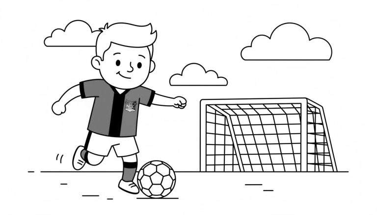 Zwart-wit kleurplaat van een lachende jongen met blond haar in voetbalshirt die een voetbal trapt voor een doel, met wolken erboven.